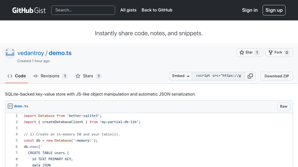 Screenshot of gist.github.com: Show HN: NoSQL, but it's SQLite