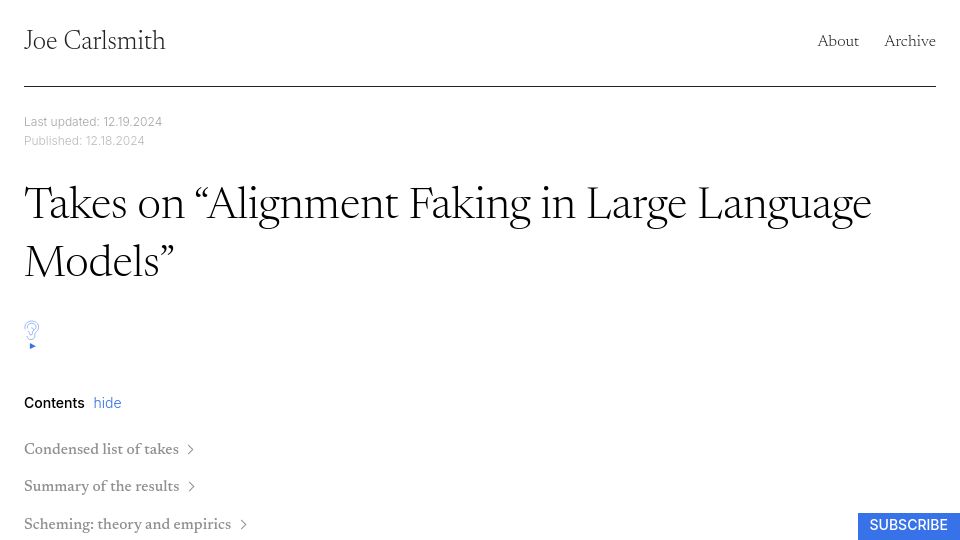 Screenshot of joecarlsmith.com: Takes on "Alignment Faking in Large Language Models"