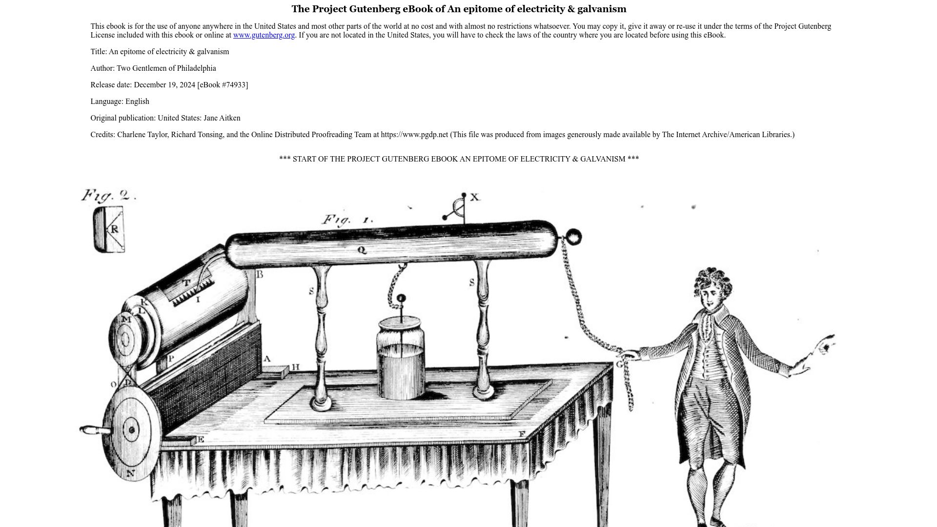 Screenshot of gutenberg.org: An epitome of electricity and galvanism (1809)