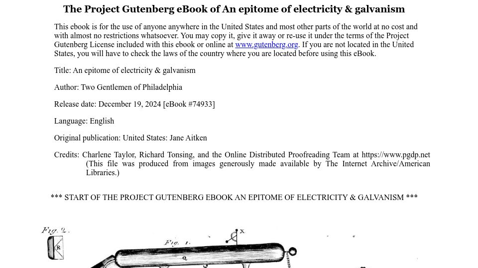 Screenshot of gutenberg.org: An epitome of electricity and galvanism (1809)