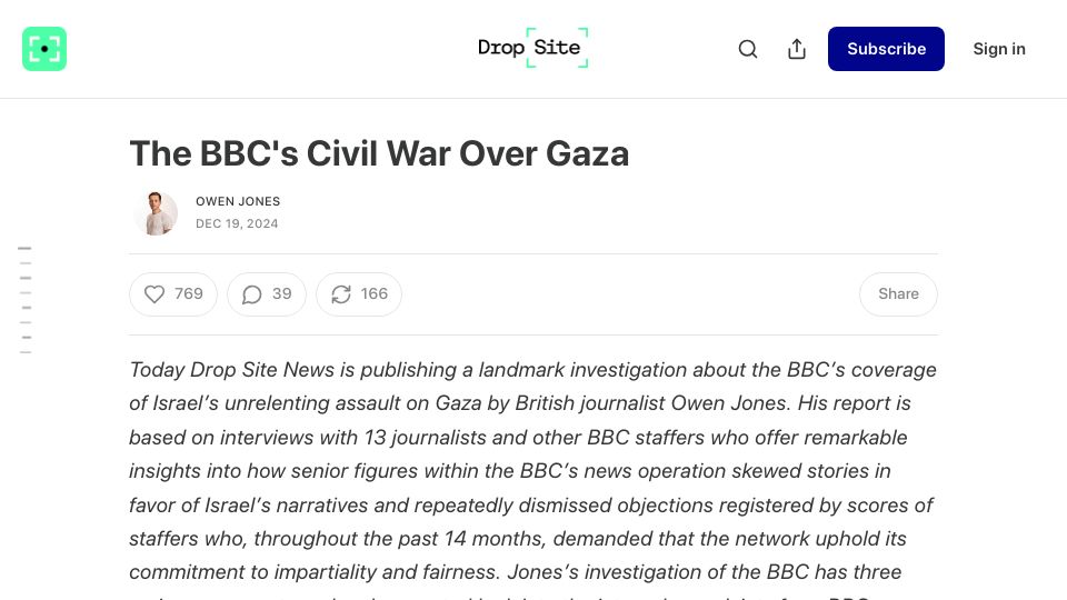 Screenshot of dropsitenews.com: The BBC's Civil War over Gaza