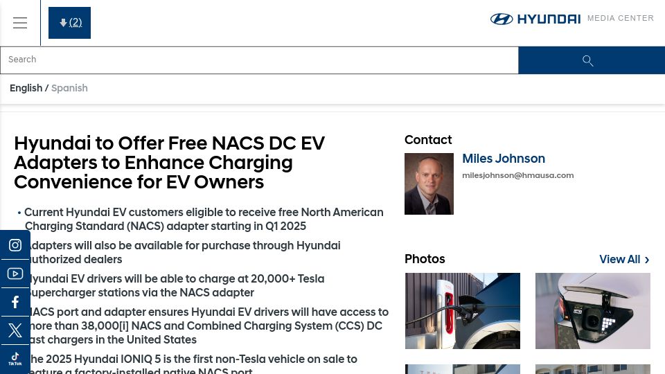 Screenshot of hyundainews.com: Hyundai to offer free NACS DC EV adapters to enhance charging convenience