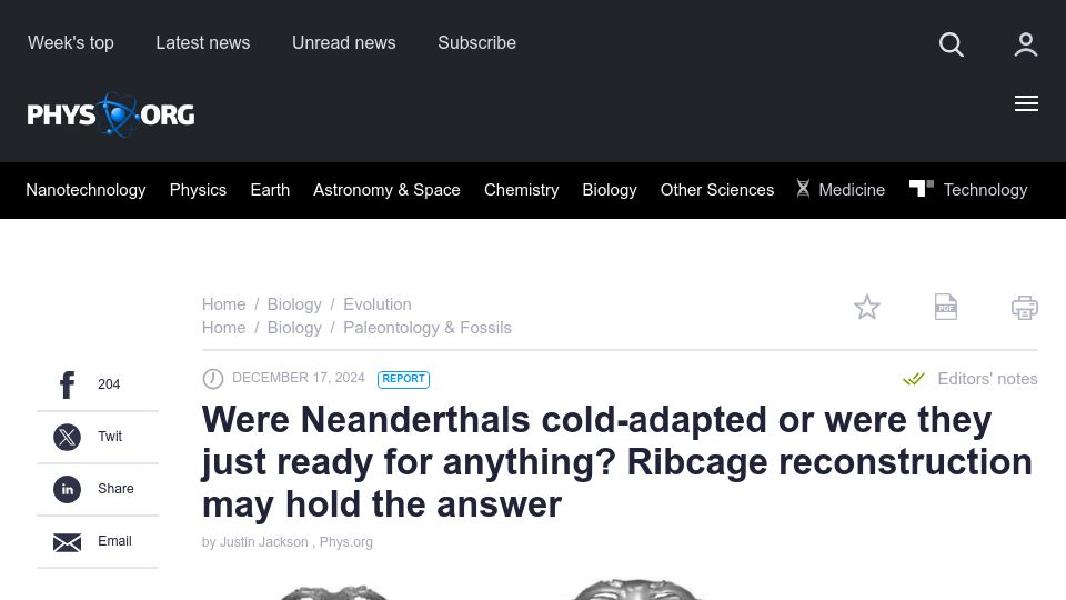 Screenshot of phys.org: Neanderthals cold-adapted? Ribcage reconstruction may hold the answer