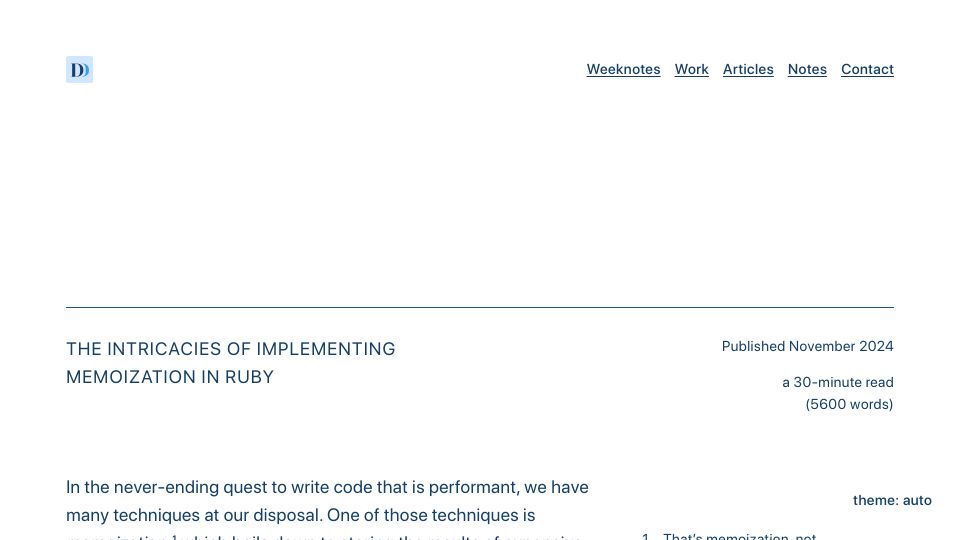 Screenshot of denisdefreyne.com: The intricacies of implementing memoization in Ruby