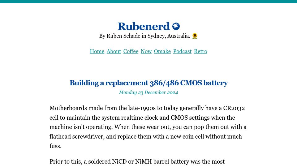 Screenshot of rubenerd.com: Building a replacement 386/486 CMOS battery