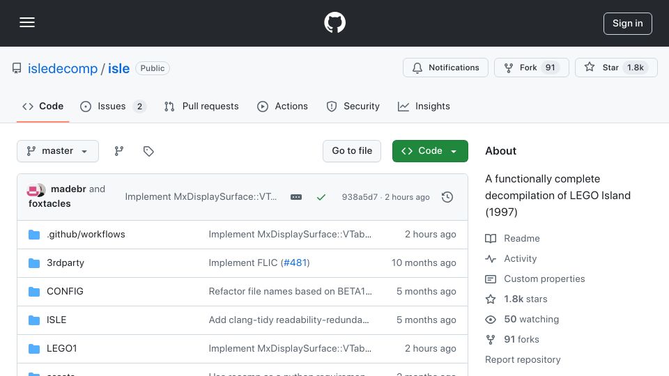 Screenshot of github.com: Show HN: Complete decompilation of Lego Island