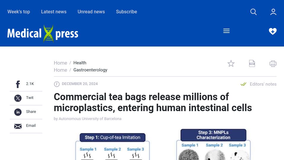 Screenshot of medicalxpress.com: Commercial tea bags release microplastics, entering human cells