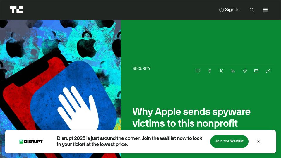 Screenshot of techcrunch.com: Why Apple sends spyware victims to this nonprofit security lab