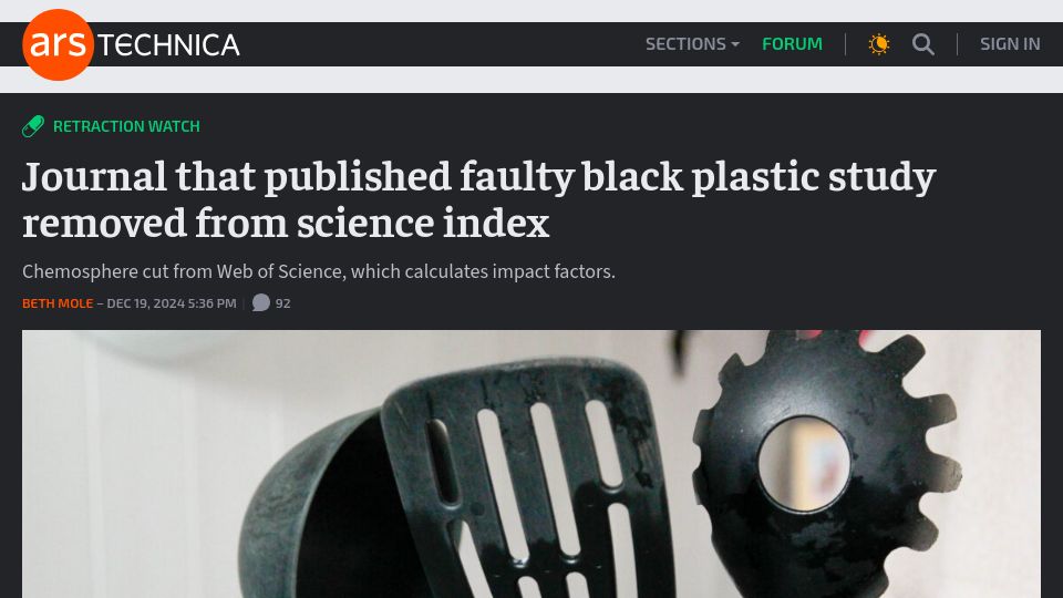 Screenshot of arstechnica.com: Journal that published faulty black plastic study removed from science index