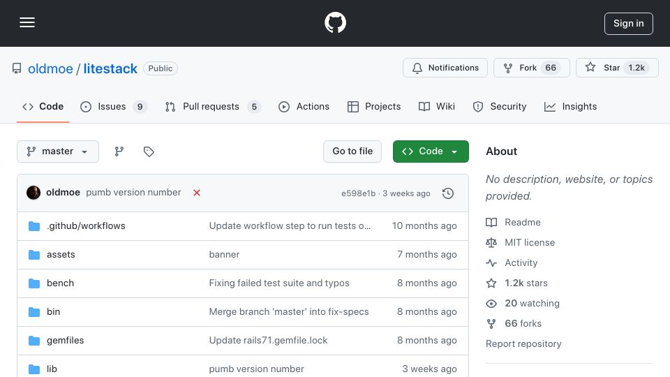 Screenshot of github.com: Litestack: All your data infrastructure, in one Ruby gem