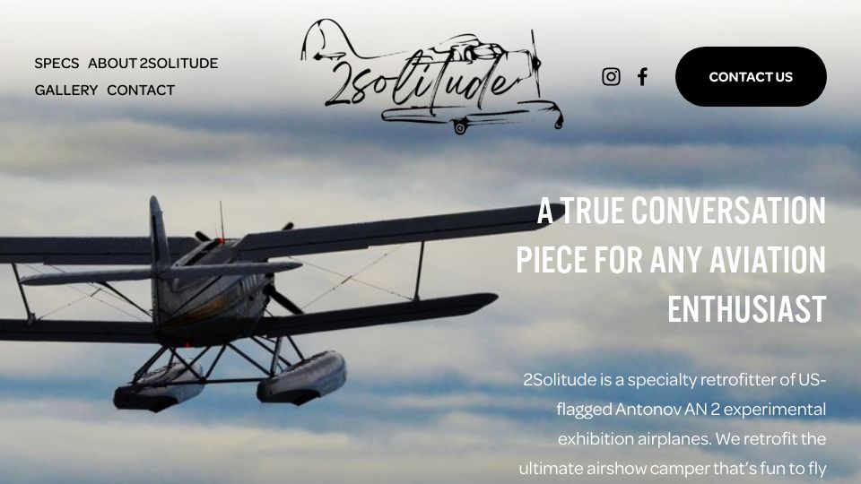Screenshot of 2solitude.com: 2solitude – Honeywell TPE 331-12 refitted Antonov AN-2 camper