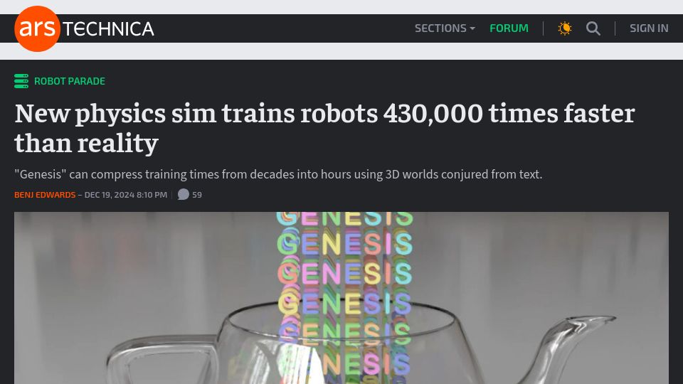Screenshot of arstechnica.com: New physics SIM trains robots 430k times faster than reality
