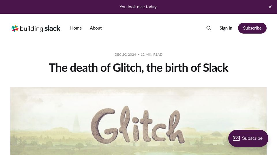 Screenshot of buildingslack.com: The death of Glitch, the birth of Slack