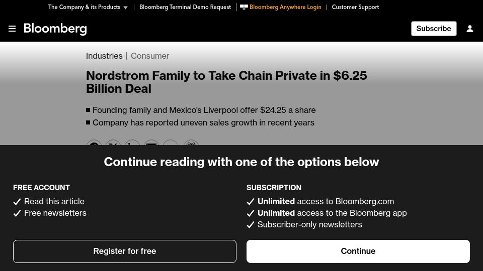 Screenshot of bloomberg.com: Nordstrom family to take company private