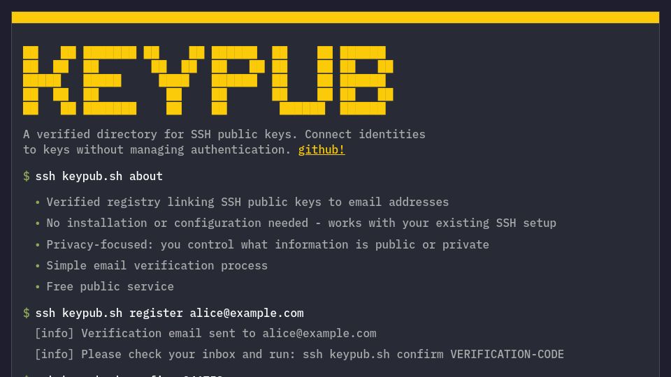 Screenshot of keypub.sh: Show HN: Keypub.sh – OAuth for the terminal using SSH keys