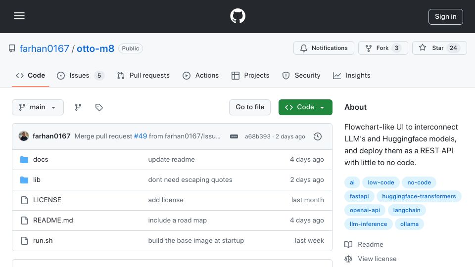 Screenshot of github.com: Show HN: Otto-m8 – A low code AI/ML API deployment Platform