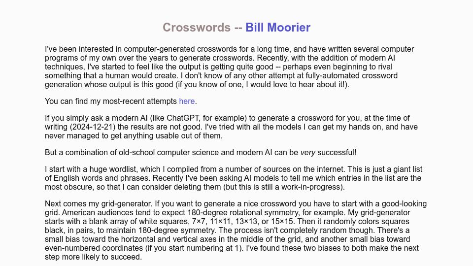 Screenshot of abstractnonsense.com: Show HN: Experiments in AI-generation of crosswords
