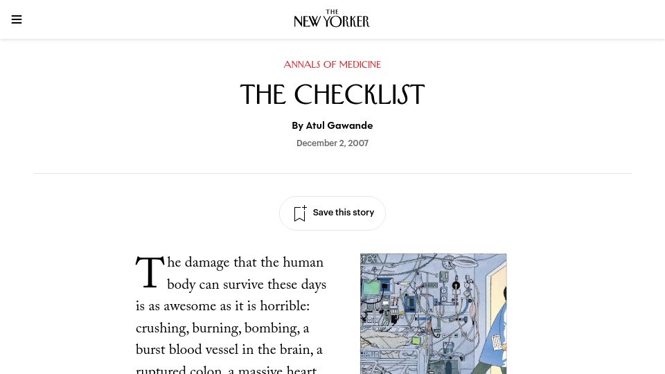 Screenshot of newyorker.com: A Life-Saving Checklist (2007)