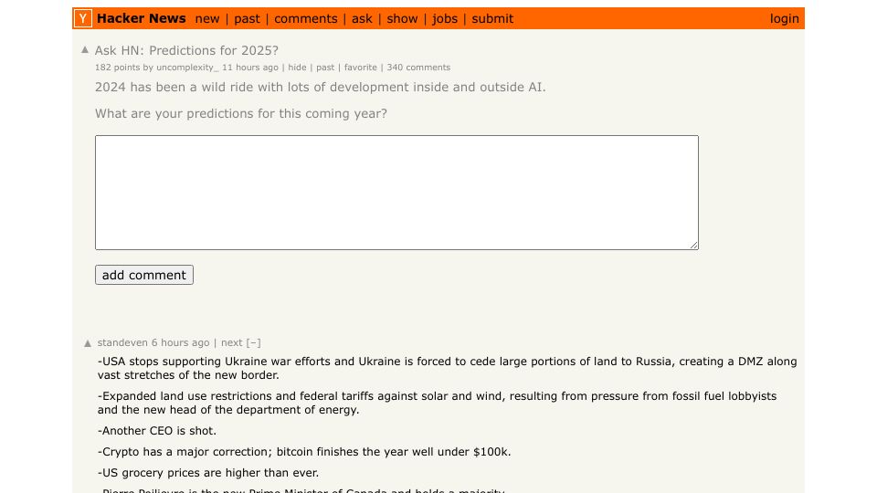 Screenshot of Hacker News post: Ask HN: Predictions for 2025?