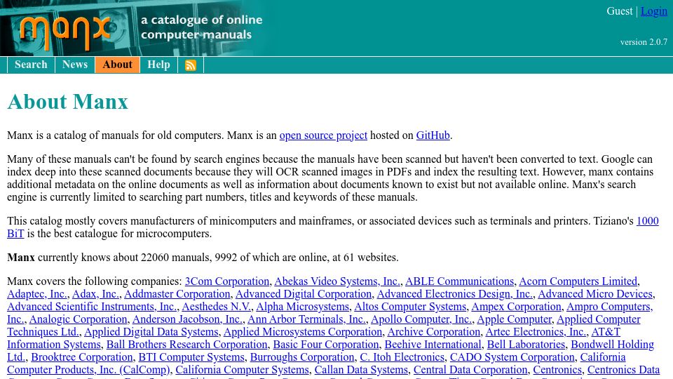 Screenshot of manx-docs.org: Manx – a catalog of manuals for old computers