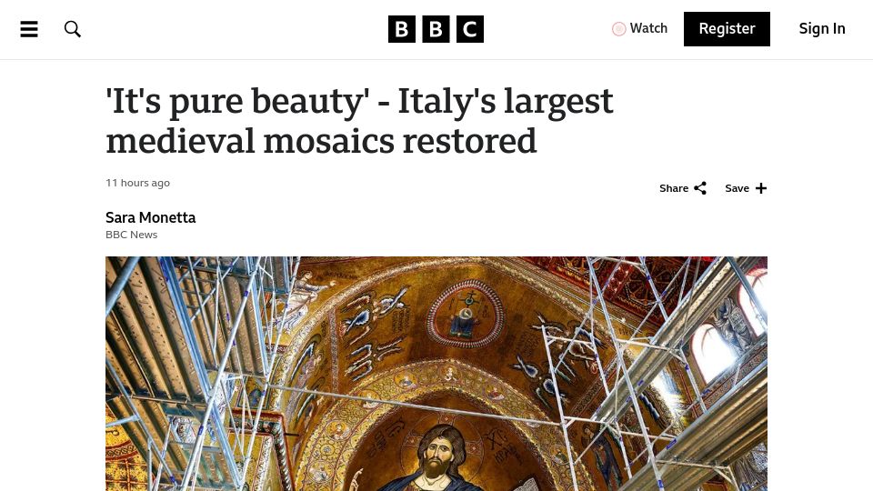 Screenshot of bbc.com: 'It's pure beauty' – Italy's largest medieval mosaics restored
