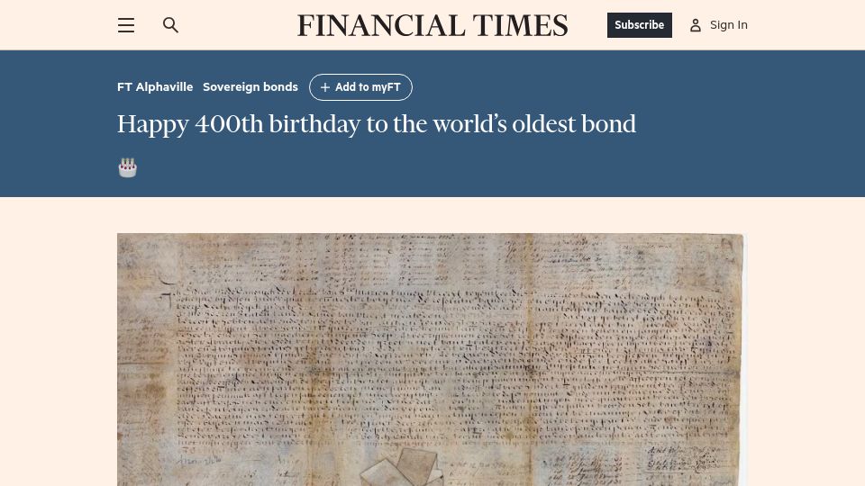 Screenshot of ft.com: Happy 400th birthday to the world’s oldest bond