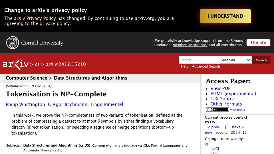 Screenshot of arxiv.org: Tokenisation Is NP-Complete