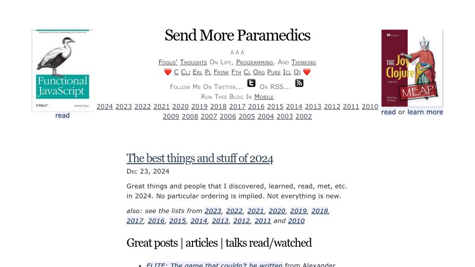 Screenshot of blog.fogus.me: Fogus: Things and Stuff of 2024