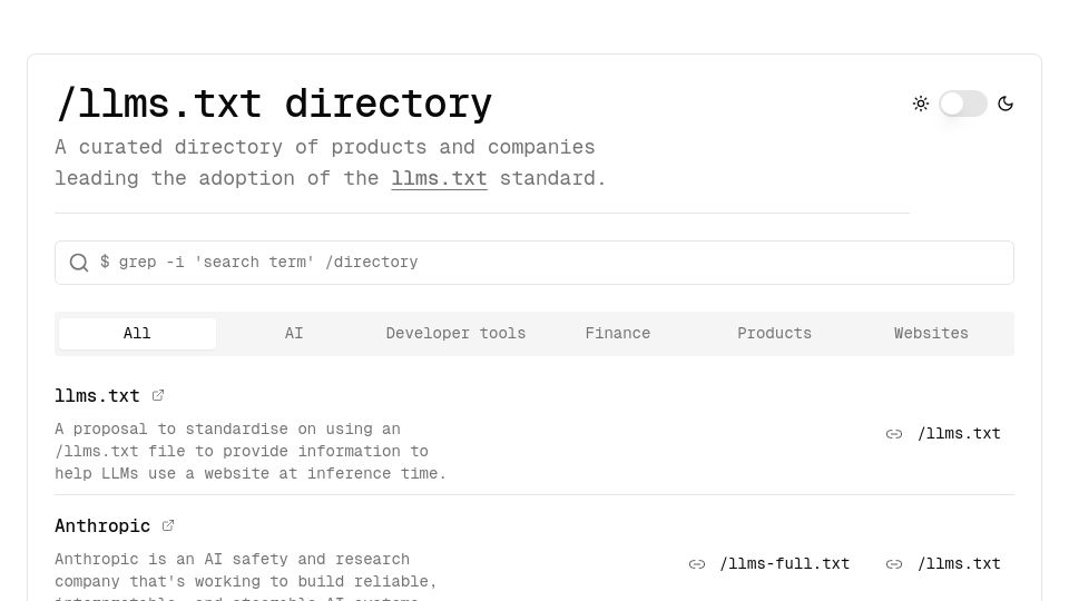 Screenshot of directory.llmstxt.cloud: llms.txt directory