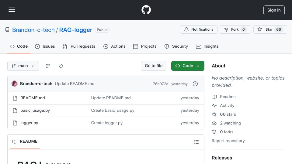 Screenshot of github.com: RAG Logger: An Open-Source Alternative to LangSmith