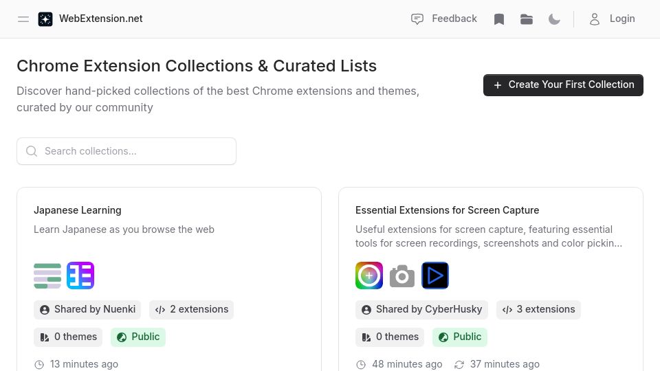 Screenshot of webextension.net: I built a platform for discovering and sharing Chrome extension collections
