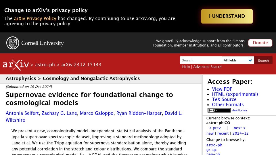 Screenshot of arxiv.org: Supernovae Evidence for Foundational Change to Cosmological Models