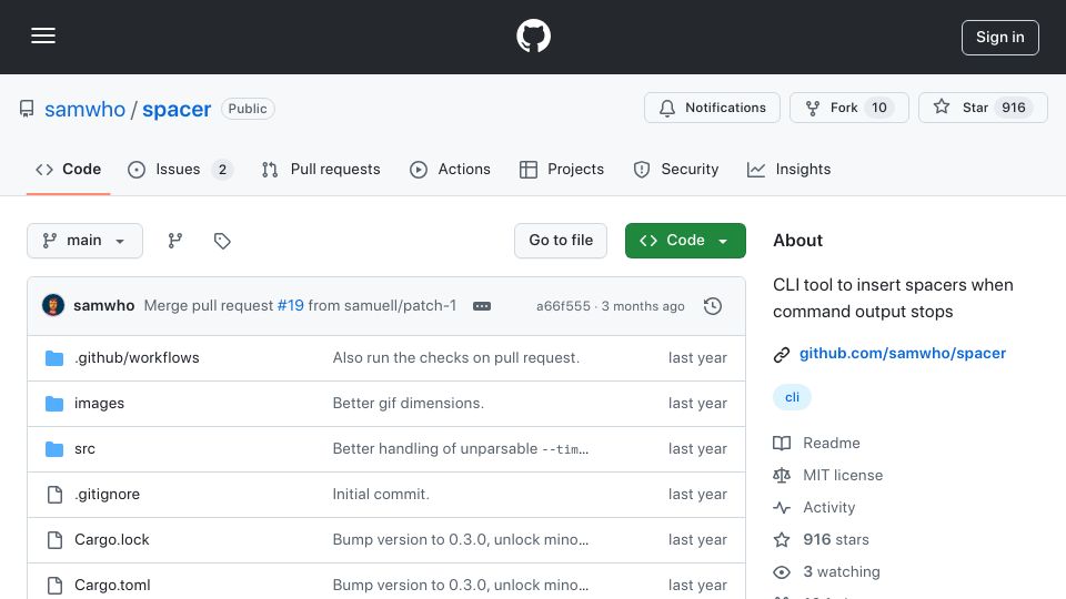 Screenshot of github.com: CLI tool to insert spacers when command output stops
