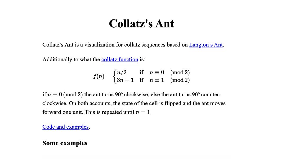 Screenshot of gbragafibra.github.io: Collatz’s Ant