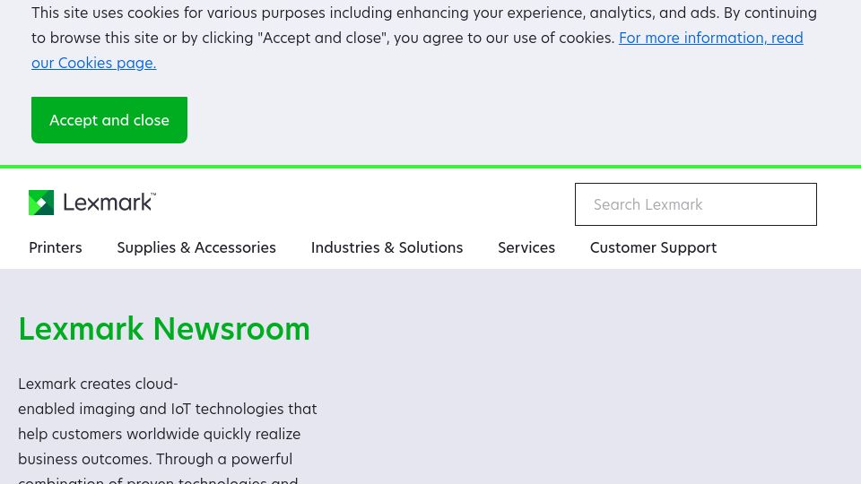 Screenshot of newsroom.lexmark.com: Xerox to acquire Lexmark