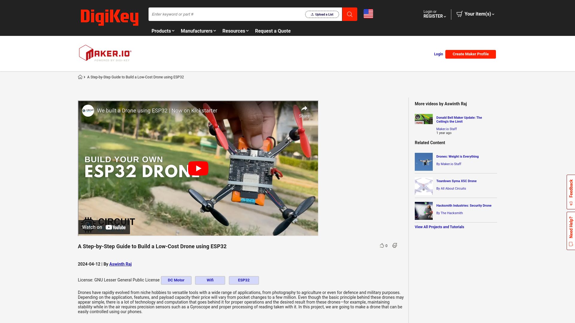 Screenshot of digikey.com: Build a Low-Cost Drone Using ESP32