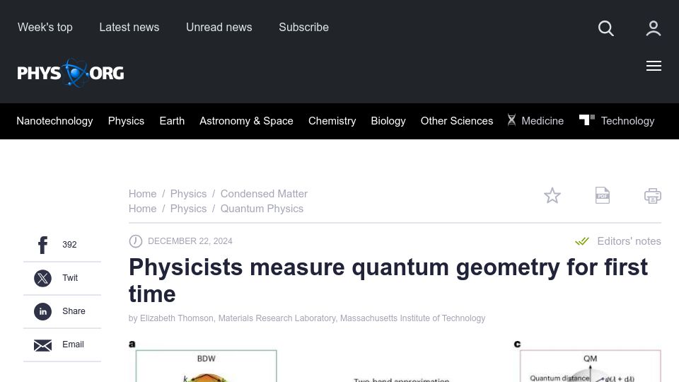 Screenshot of phys.org: Physicists measure quantum geometry for first time