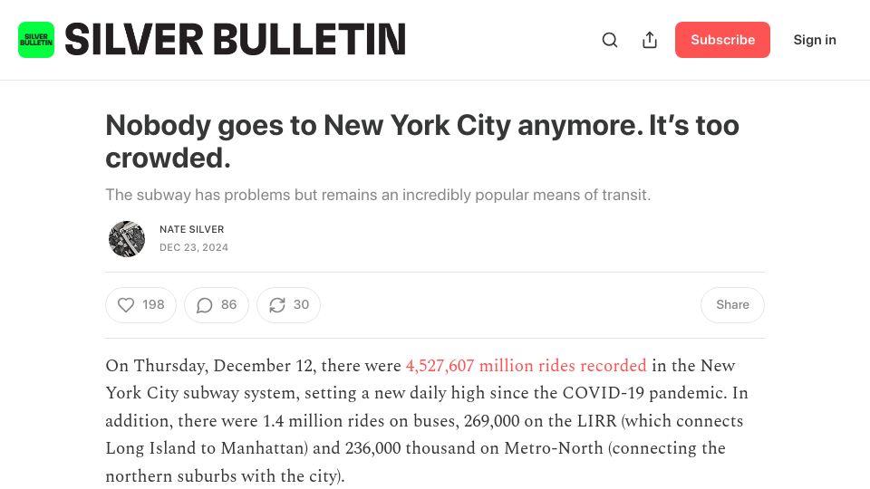 Screenshot of natesilver.net: Nobody goes to New York City anymore. It's too crowded