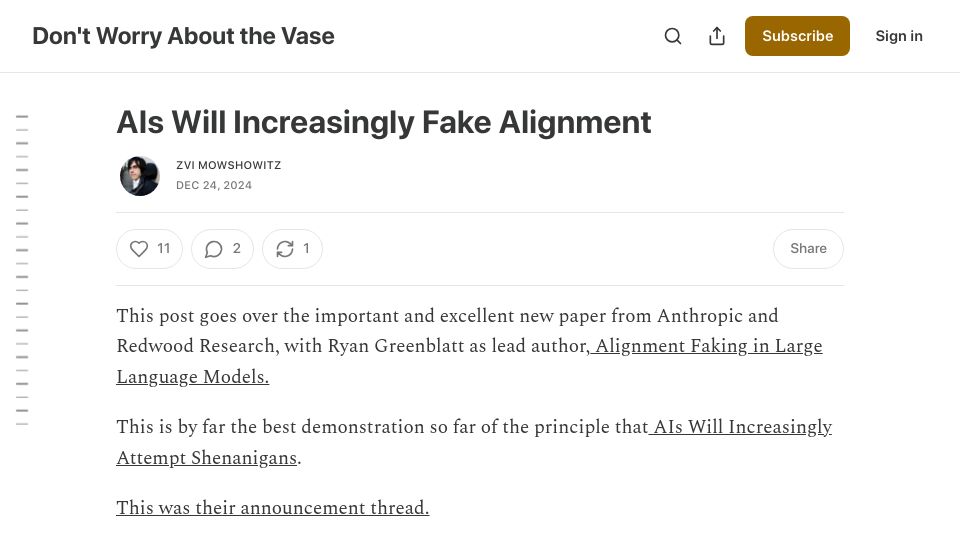 Screenshot of thezvi.substack.com: AIs Will Increasingly Fake Alignment