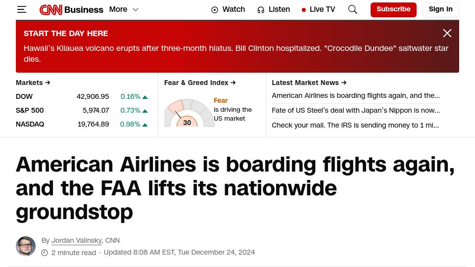 Screenshot of cnn.com: American Airlines is boarding flights again after nationwide groundstop