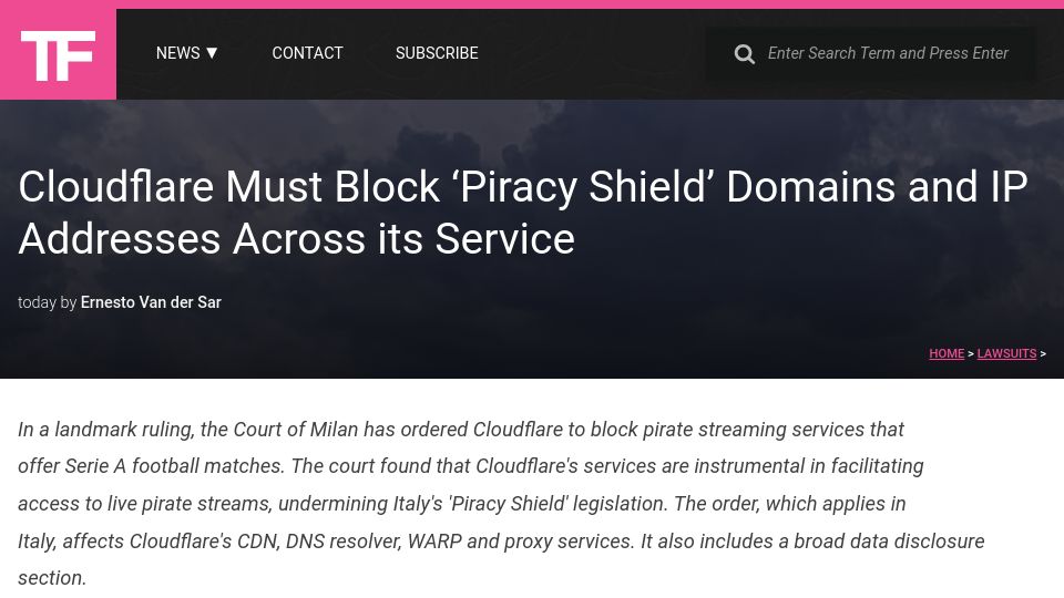 Screenshot of torrentfreak.com: Court of Milan orders Cloudflare to block ‘piracy shield’ domains, IP addresses