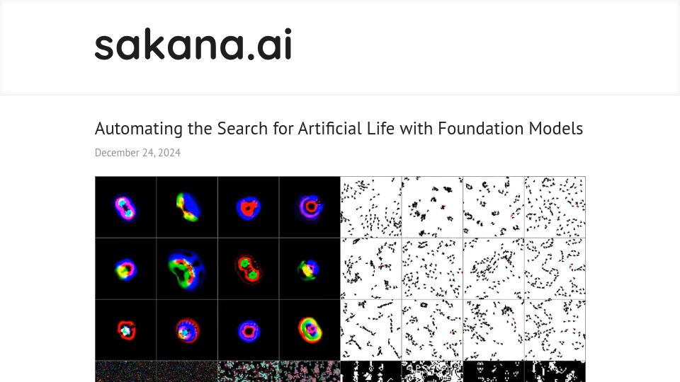 Screenshot of sakana.ai: Automating the search for artificial life with foundation models