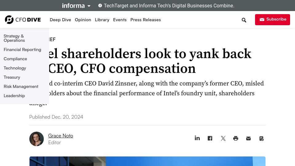 Screenshot of cfodive.com: Intel shareholders file case asking ex CEO, CFO to return 3 years of salary