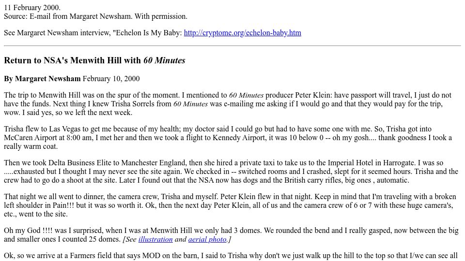 Screenshot of cryptome.org: Return to NSA's Menwith Hill with 60 Minutes (2000)