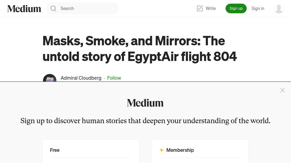 Screenshot of admiralcloudberg.medium.com: Masks, Smoke, and Mirrors: The story of EgyptAir flight 804