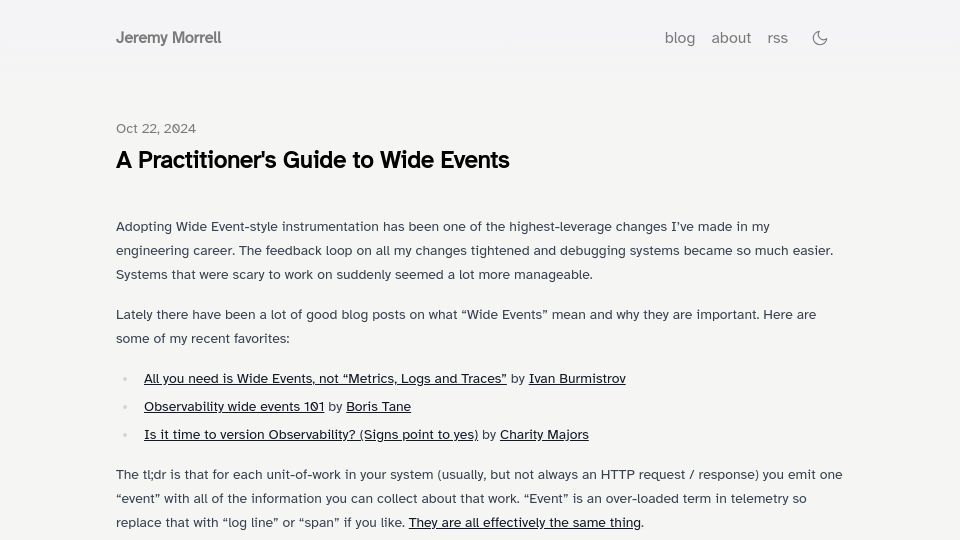 Screenshot of jeremymorrell.dev: A Practitioner's Guide to Wide Events