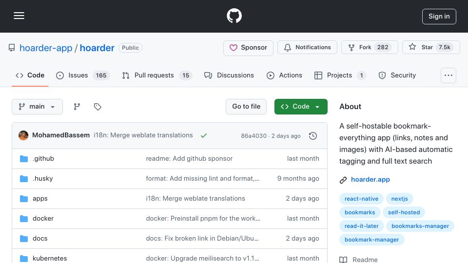 Screenshot of github.com: Hoarder: Self-hostable bookmark-everything app