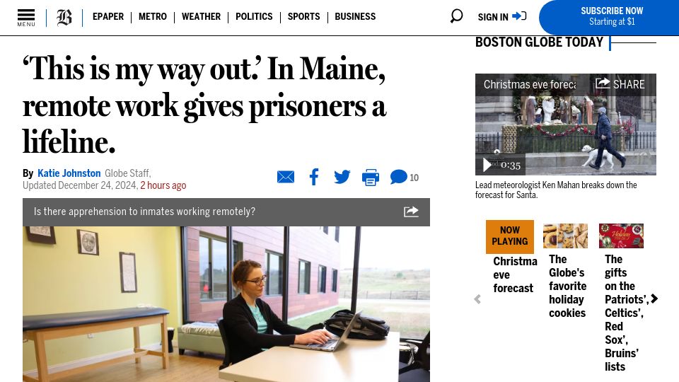 Screenshot of bostonglobe.com: In Maine, remote jobs give prisoners a lifeline