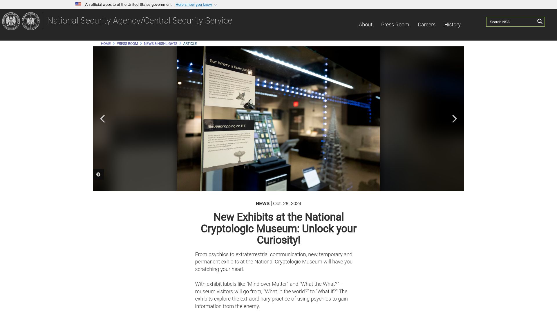 Screenshot of nsa.gov: National Cryptologic Museum (NSA/CSS) New Temporary Exhibit on Project Stargate