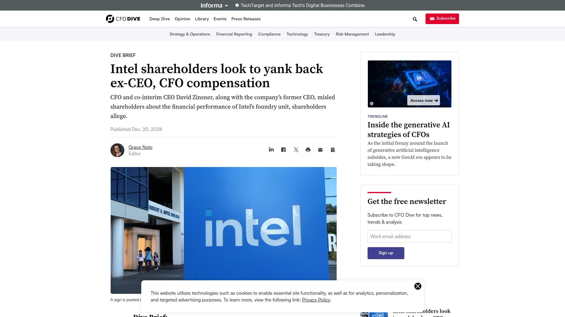 Screenshot of cfodive.com: Intel shareholders file case asking ex CEO, CFO to return 3 years of salary